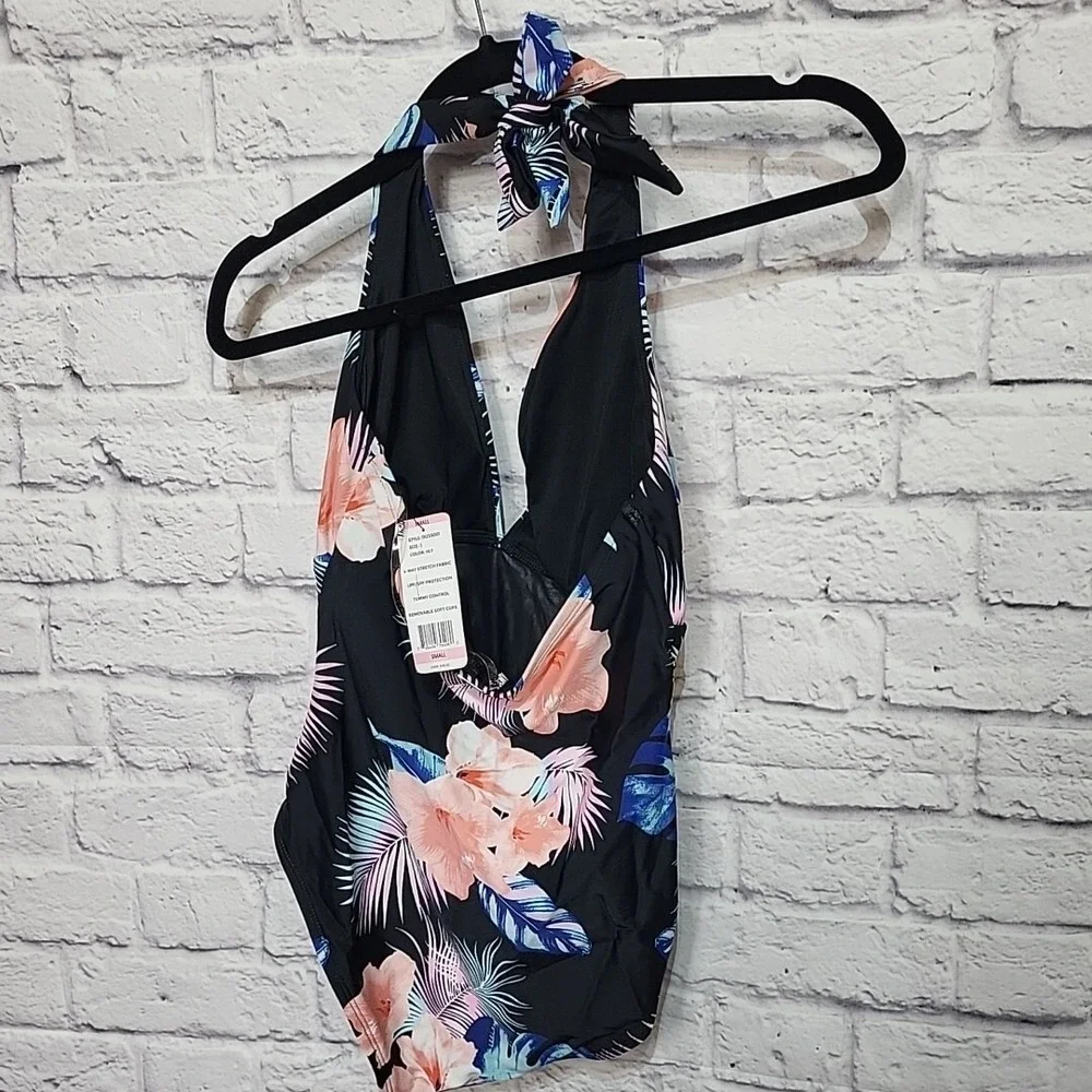 DKNY Women's Small One Piece Tummy Control Bathing Suit Black Floral  Halter NWT - Picture 3 of 7